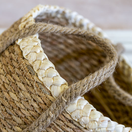 Straw and Corn Basket with Cream Braid Set of 3