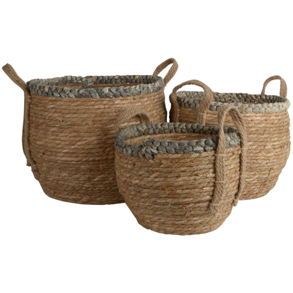 Straw Basket With Grey Braid Rim With Handles - 3 sizes