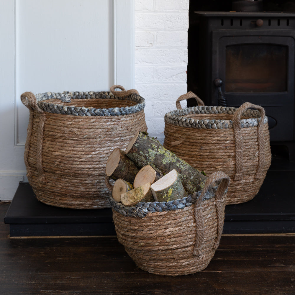 Straw Basket With Grey Braid Rim With Handles - 3 sizes